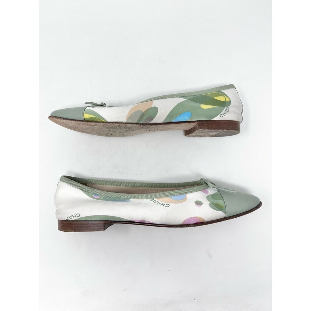 Chanel CC Cap Toe Green Leather Ballet Flat Satin Vintage Karl Lagerfeld size 39 - Picture 5 of 7